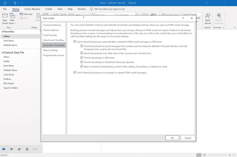 deactivating outlook images shows 